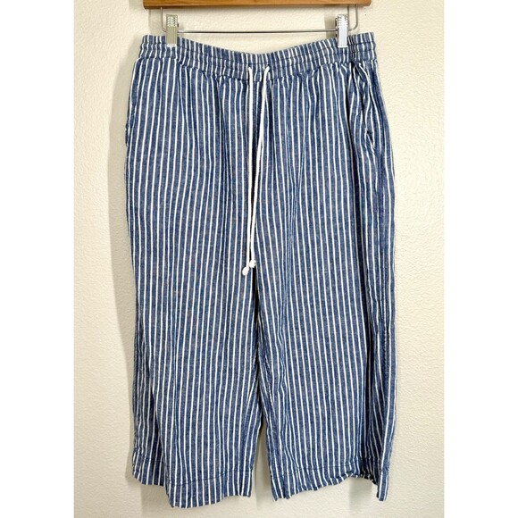Beach Lunch Lounge Linen Blend Margot Drawstring Blue Pinstripe Pants Sz M Capri - Picture 5 of 13